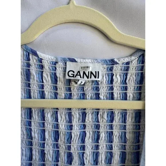 GANNI Blue Striped Cotton Smock Midi Dress Size 36 with Stains - Picture 12 of 12